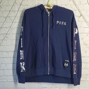 2016 Victoria's Secret PINK Navy Blue Sequin Logo Spellout Hoodie Oversized XS